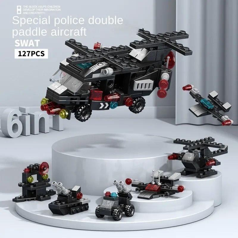 6 IN 1 City Engineering Car Police Truck Mech Dinosaur Building Blocks Tank Helicopter Bricks Fire Fighting Set Toys for Children