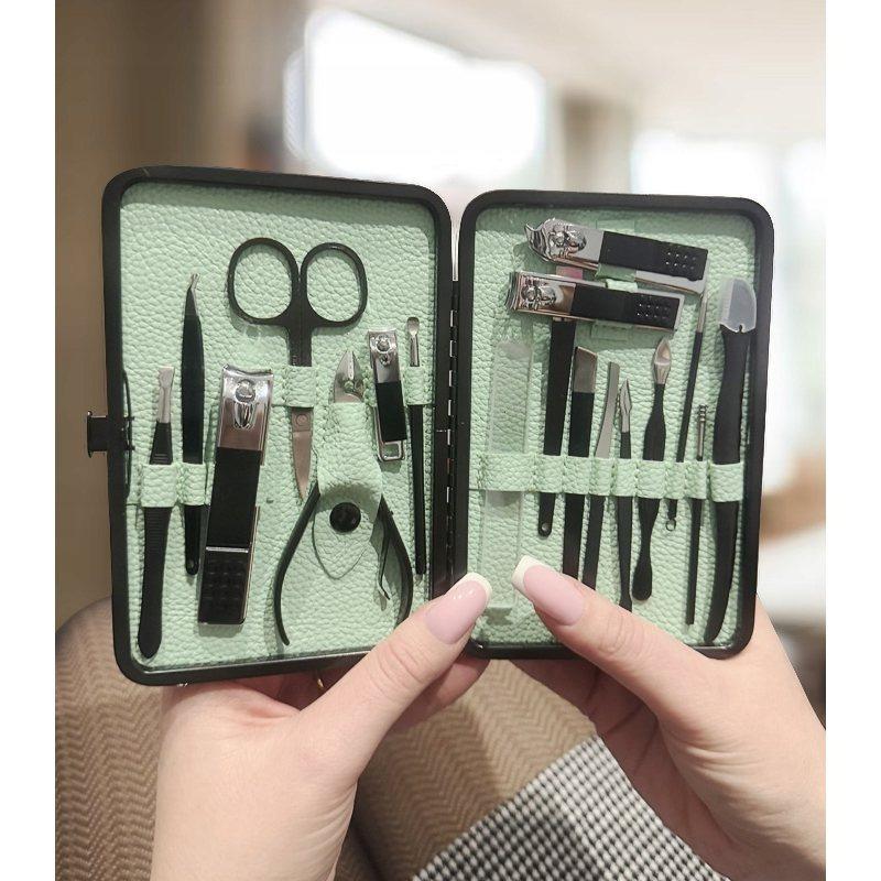Green Storage Box Manicure Kit with Nail Clippers Scissors Tweezers and Files - Unisex Portable Manicure and Pedicure Set