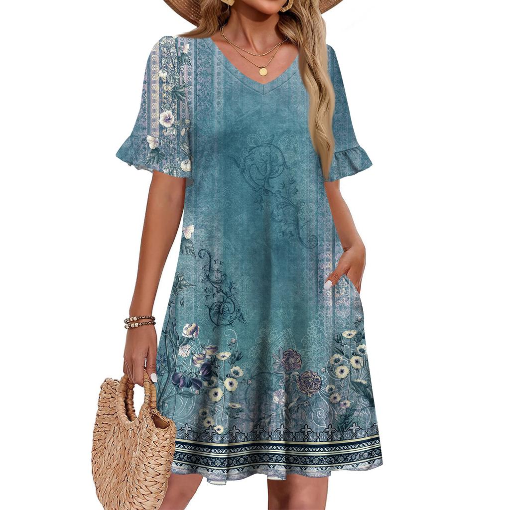 Damen A-Linie Sommerkleid Kurzarm V-Ausschnitt Bedrucktes Kleid Mit Taschen