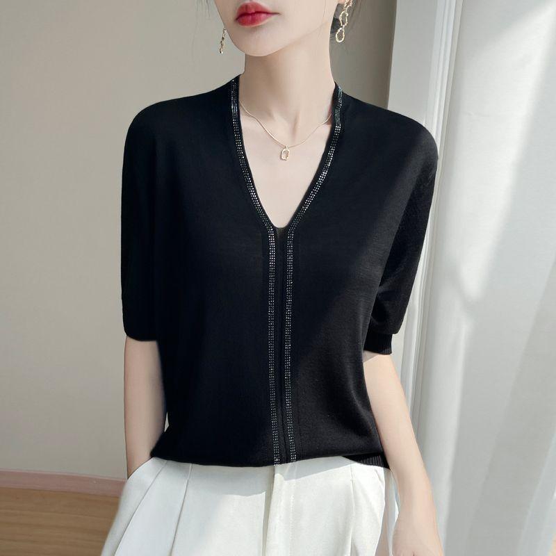 Summer Women's Silk Knit Sweater Short Sleeve V-neck Diamond Knitted Sweater Loose Knit  T Shirt Top
