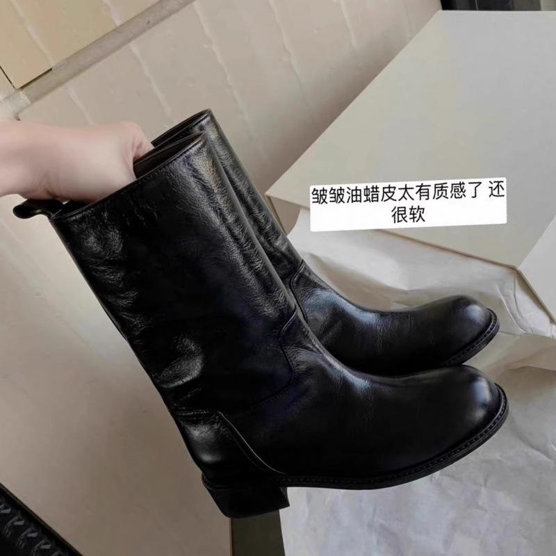 Cowhide version~ retro leather Martin boots for women, autumn and winter high-end wide tube thick heel medium tube western knight short boots