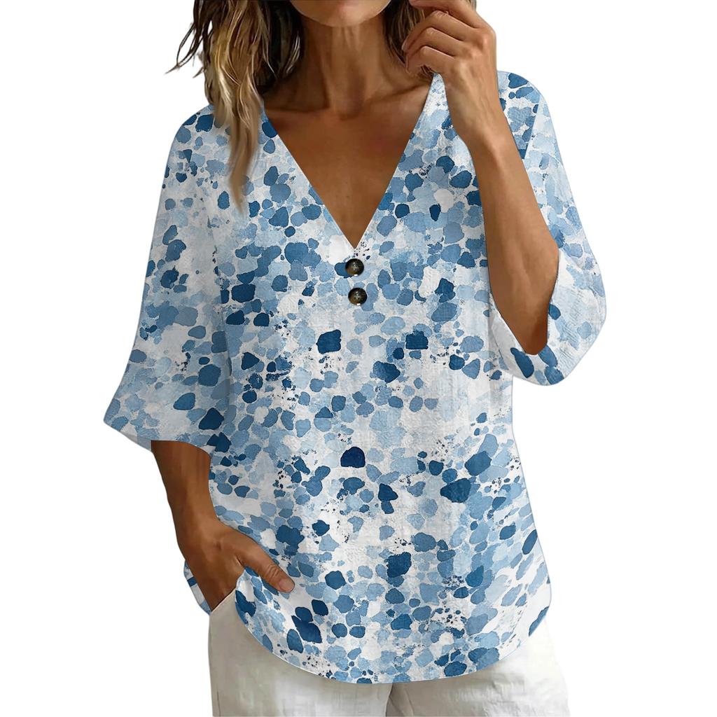 Women V Neck Vintage Floral Print Loose Fit Short Sleeve T Shirt Lightweight Breathable Soft Fabric Casual Top
