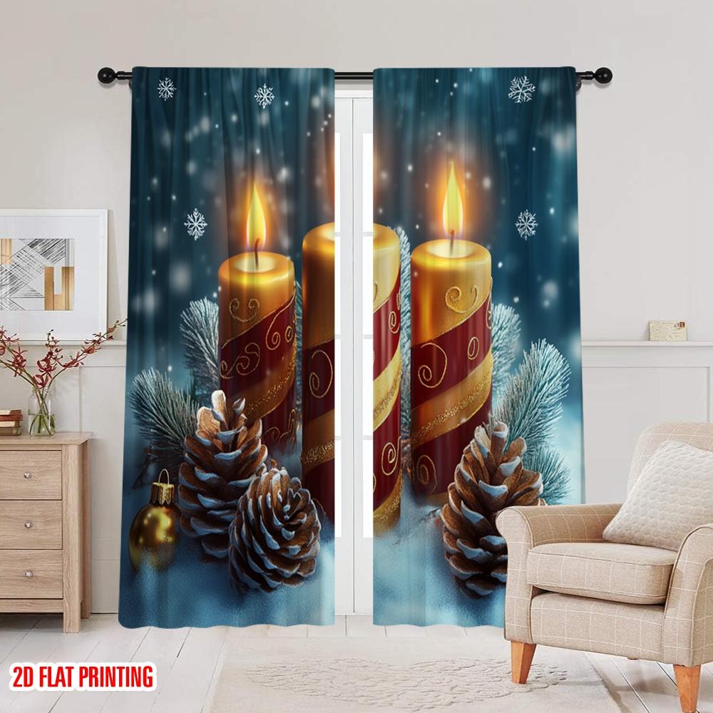 2pcs,2D Plane Printing Popular Curtains Christmas Candles Pine Cones (2) Versatile Durable Polyester (without Rod) Room Decor