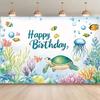 2D Aquarell Ozean Geburtstag Hintergrund, Unterwasser Meeresschildkröte Kinderparty Fotokabinen Banner