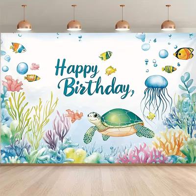 2D Aquarell Ozean Geburtstag Hintergrund, Unterwasser Meeresschildkröte Kinderparty Fotokabinen Banner