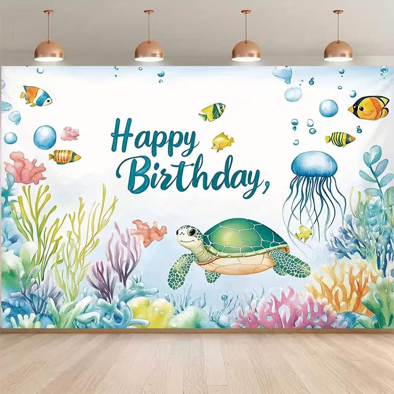 2D Watercolor Ocean Birthday Backdrop, Underwater Sea Turtle Kids Party Photo Booth Banner
