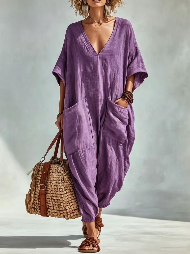 Women's Linen V Neck Jumpsuit with Pockets Wide Leg Romper