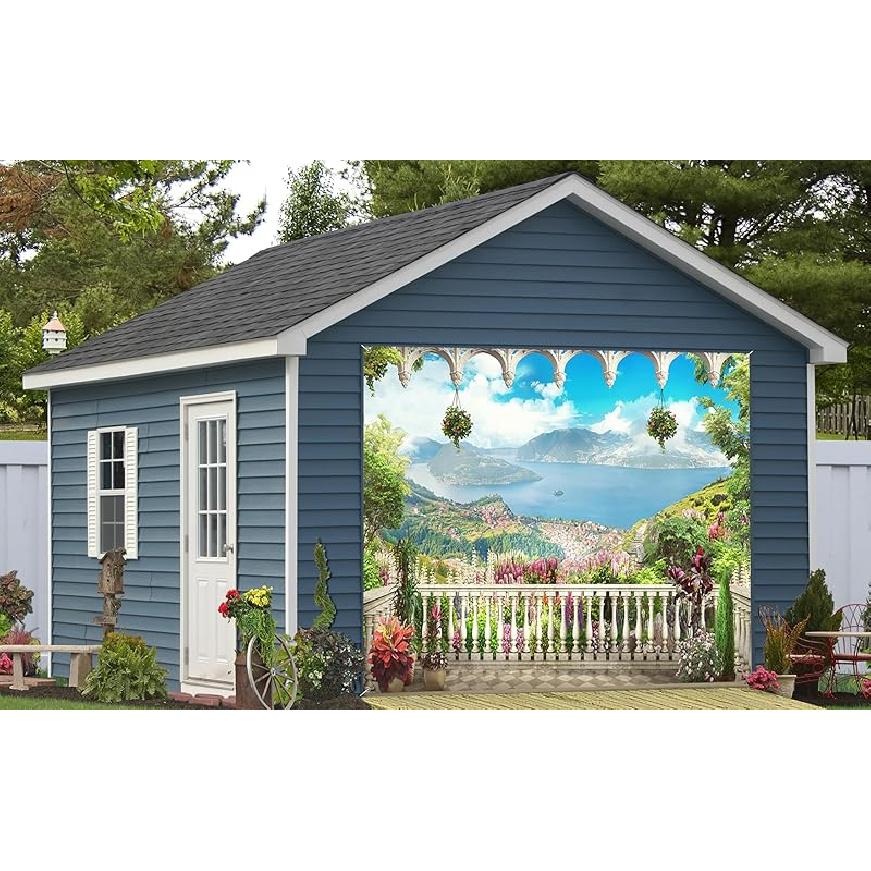 6x13ft Nature Landscape Garage Door Decor Flower House Balcony Mountains River Blue Sky White Clouds Garage Door Cover for Spring Theme Party
