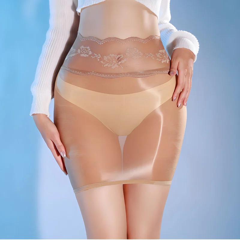 Women Sexy Hip-Wrapped Skirt Tight Oil Shiny Glossy Sheer Porn Skirts High Elastic Transparent Lingerie Lace Floral Underwear