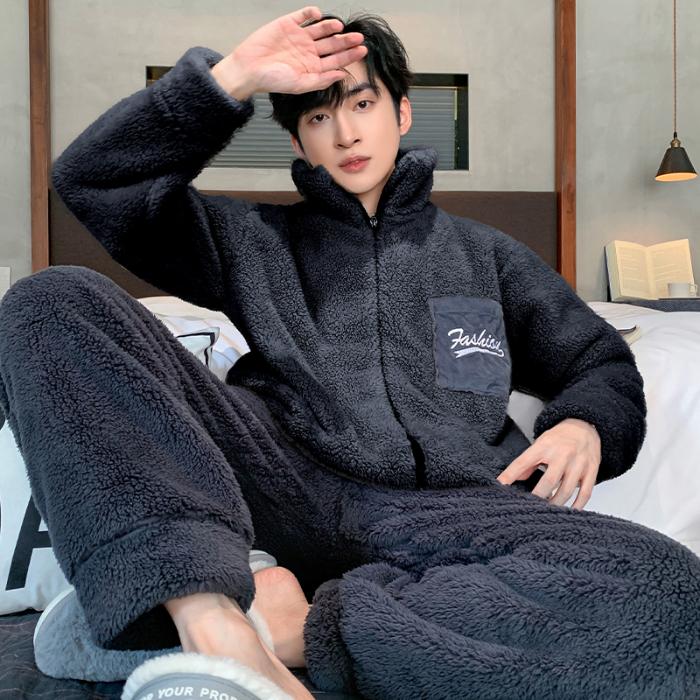 Pyjama en molleton de corail pour homme, ensemble de vêtements de nuit chauds en flanelle épaisse, surdimensionné, fermeture éclair, doux, mode, solide, pour la maison, automne et hiver