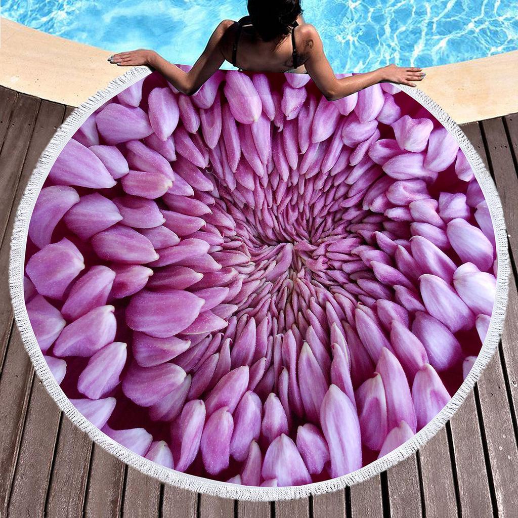 Floral Petal Print Round Beach Towel with Tassels Sand Free Quick Dry Circle Bath Towel Soft Absorbent Meditation Rug Yoga Mat
