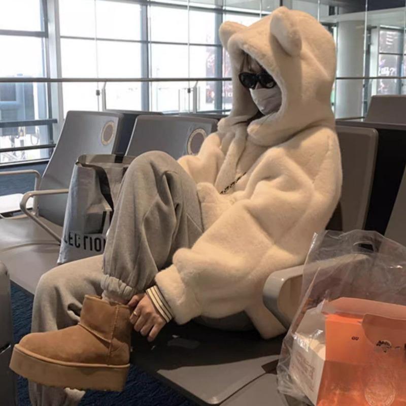 Korean Style Mink Fur Coat Women Winter Warm Hooded Plush Long Thick Jacket