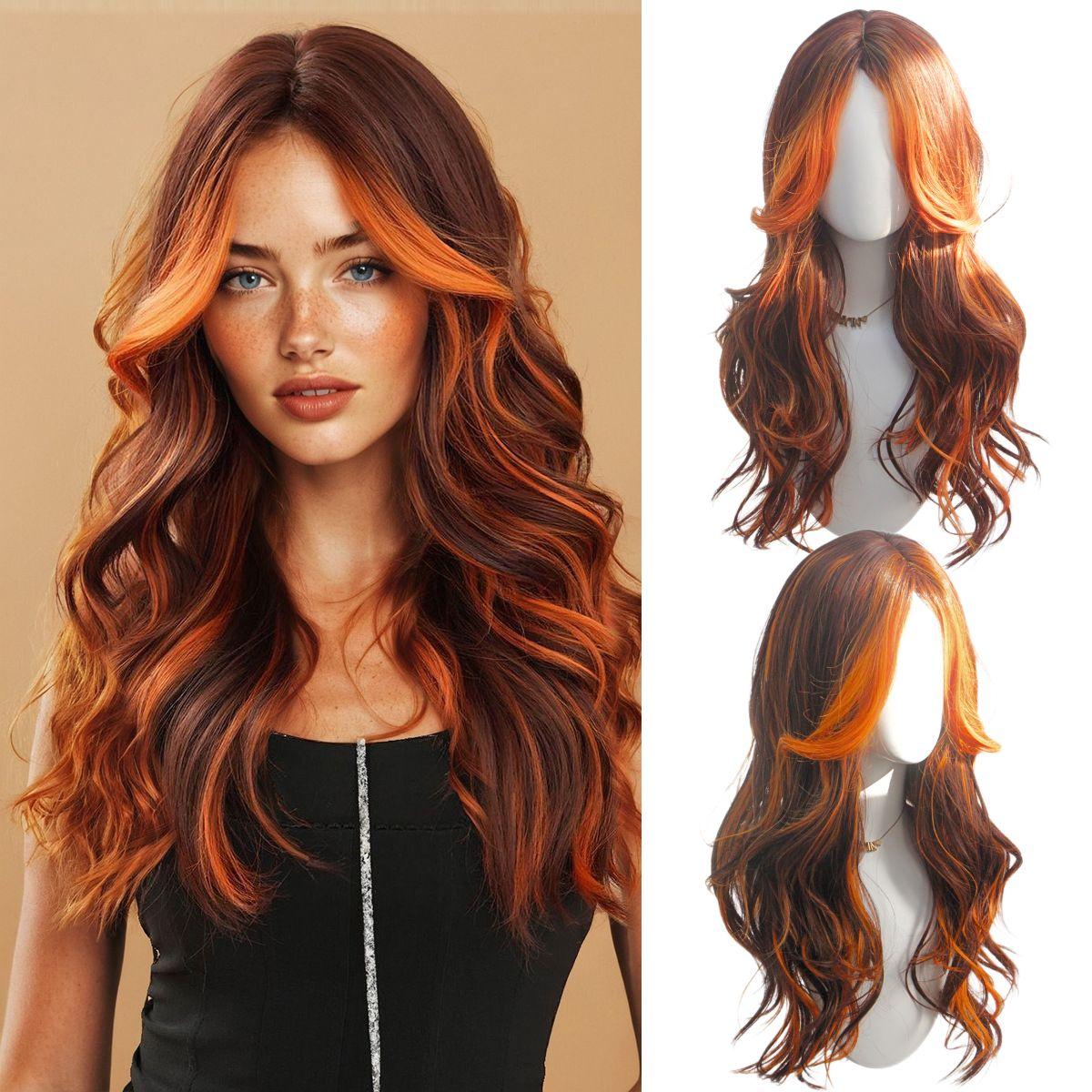 

Synthetic orange brown long curly hair wigs medium part bangs wig high temperature fiber for women cosplay costume party gifts