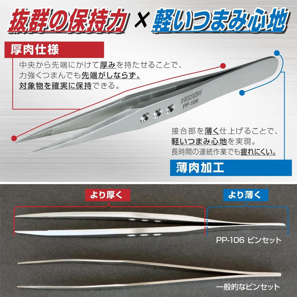 HOZAN Pinzette Gerade Typ PP-106 2,8mm Plattendicke 125mm Länge 8mm Öffnungsweite 0,3mm Spitzenbreite Dickes Finish