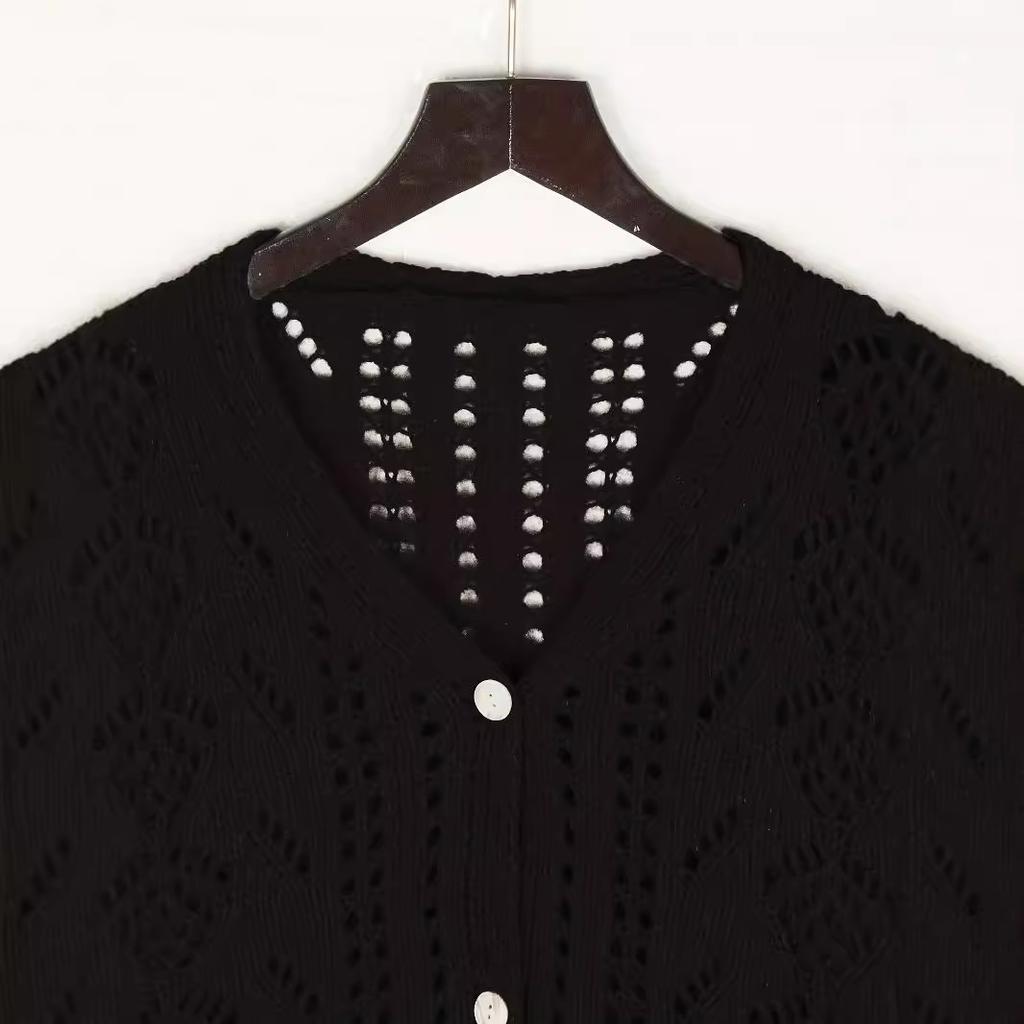 Women's Vintage Knitted Sweater Hollow Out Breathable Button Cardigan V-Neck Outer Solid Colour Top