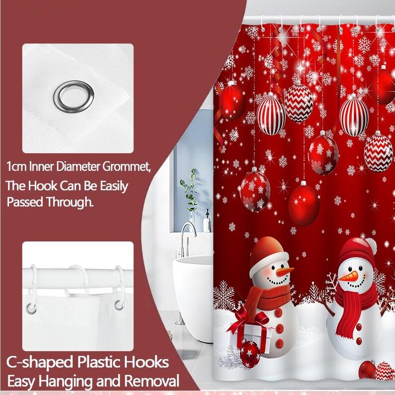 Snowman Red Ornaments Christmas Shower Curtain With Hooks, Merry Holiday Bathroom Decor For Festive Winter Celebration