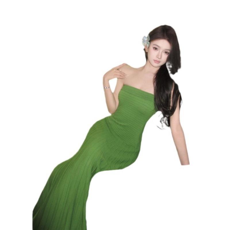 Green Slim Waist Sexy Tube Top Knitted Long Dress High-end Seaside Vacation Dress Women