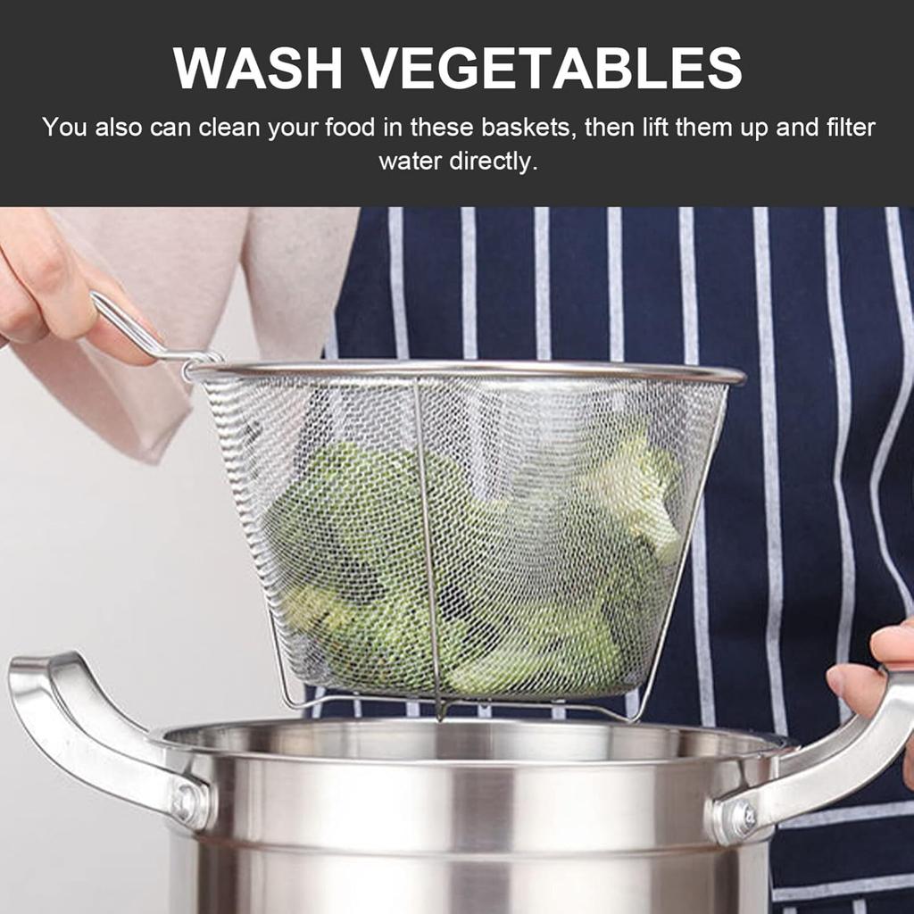 1Pc Stainless Steel Fry Basket with Handle, Round Wire Fry Basket, Steel French Fry Chip Basket (7.1 Inch)