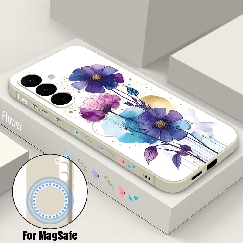 Watercolor Floral Pattern Case For Samsung Galaxy S26 S25 Ultra S24 S23 FE S22 Plus S21 Built-in Metal Plate Magnetic Silicone Cover