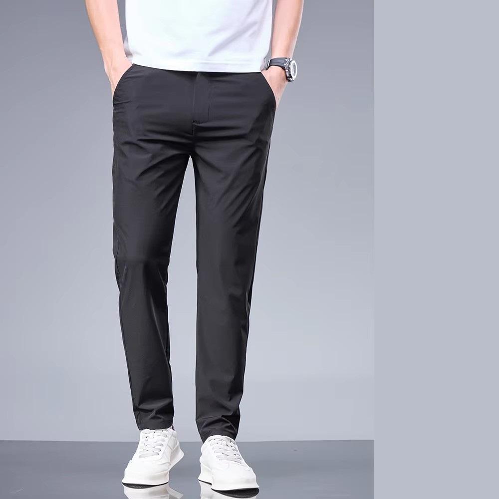 Summer New Business Ice Silk Pants Straight Elastic Waist Black Gray Trousers Breathable Simple Male Clothing Casual Suit Pants