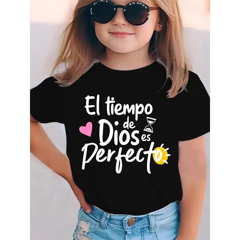 

European sizes Summer Fashion Girls Short Sleeve T-Shirt EL TIEMPO DE DIOS IS PERFECTO Letter Element Heart Print Casual Versatile Top 98cm чёрный
