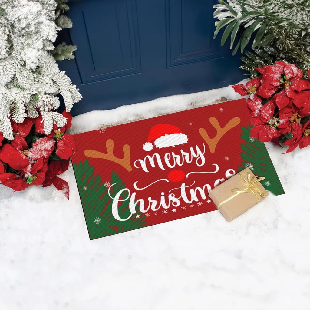VIKAMA Christmas Happy Front Door Floor Mat Welcome Pad Indoor and Outdoor Anti-Slip Carpet Holiday Home Decoration