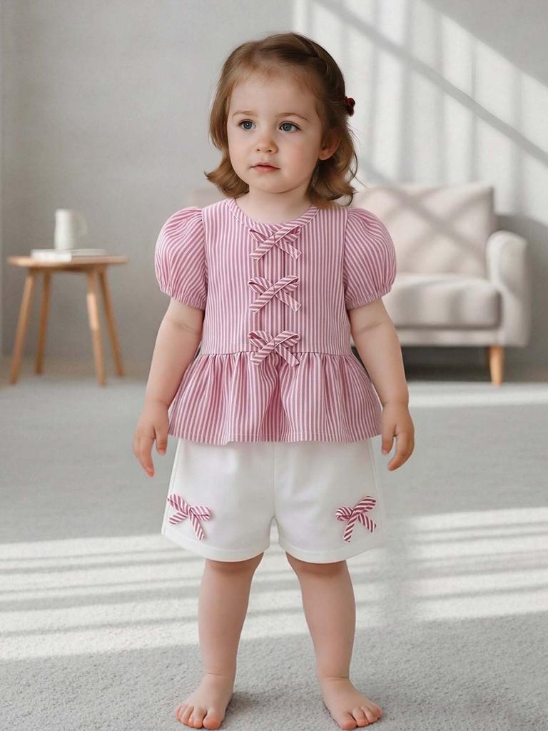 Baby Girl Clothing Set Summer Outfit Pink Stripe Top with Bow & Shorts Newborn Toddler 0-3Y