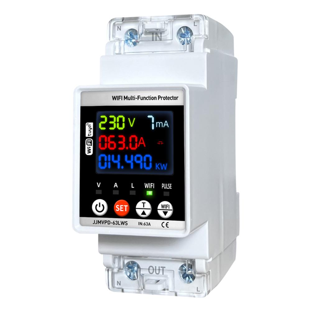 Tuya WiFi 63A Energy Meter Automatic Reclosuring Protector Circuit Breaker Single Phase Voltage Current Leakage Protection