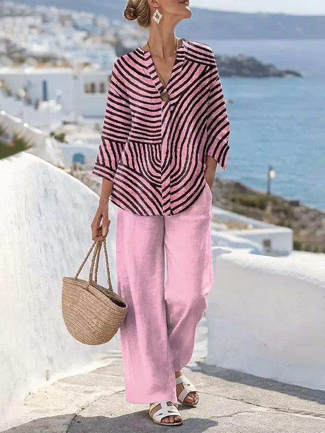 

Women Striped V Neck Short Sleeve Blouse Elastic Waist Wide Leg Pants Set Casual Summer Two Piece Outfit XXL рожевий