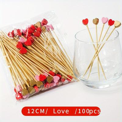 100 Stück/Set Rote Herz Fruchtspieße Einweg Bambusspieße Valentinstag Partyzubehör Hochzeit Brautparty Geburtstag Deko