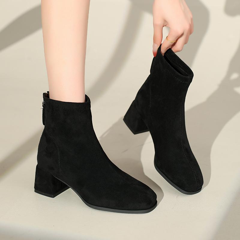 Autumn Vintage Suede Women Ankle Boots Ladies Concise Pointed Toe Thick Heel Short Botas Zapatos De Mujer