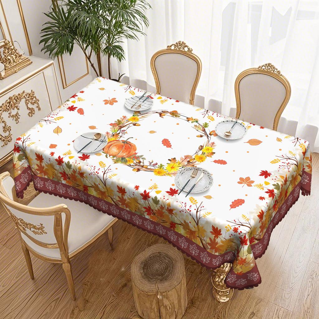 European Pastoral Table Cloth, Pumpkin + Maple Leaf Printing, Rectangular/Round/Multi-Specification Suitable Tablecloth