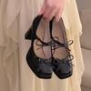 New small Mary Jane high heels thick heel temperament high sense square head bow lita small leather shoes women