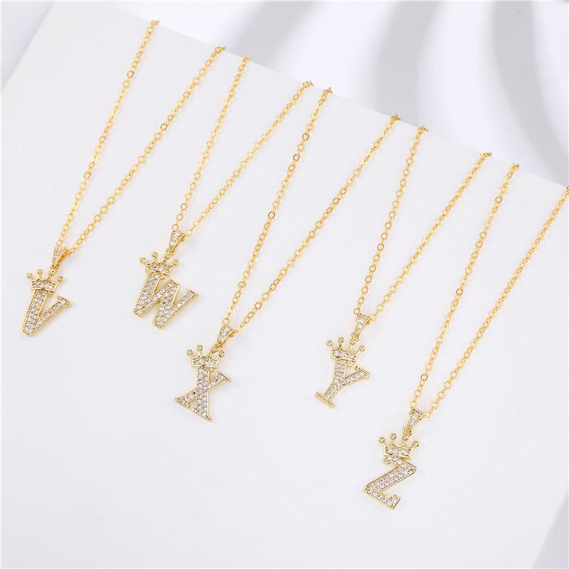 Fashion Cubic Zirconia Crown Letter Pendant Necklace Gold Hip Hop Punk Alphabet Jewelry