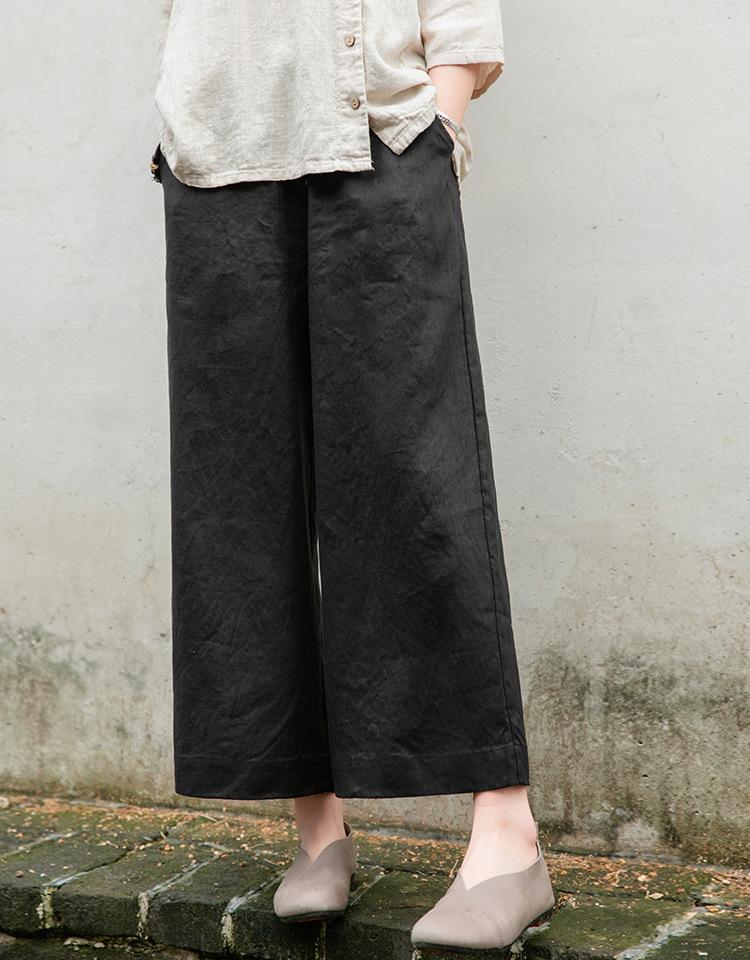 Johnature Vintage Damen Hose Lässig Gerade Neun-Punkt-Hose Sommer Elastischer Bund Schnürung Weites Bein