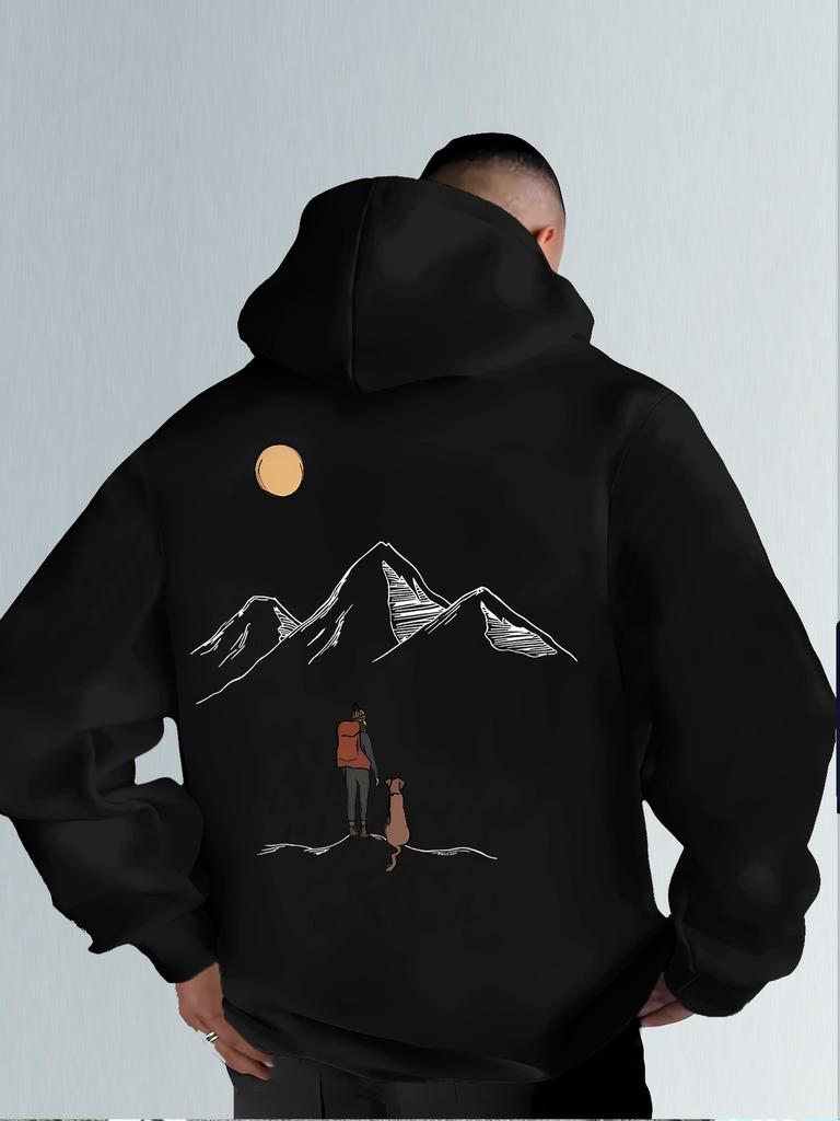 Men's Hooded Sweatshirt with Mountain Map Pattern on The Back. Warm Winter Hooded Pullover Suitable for Hiking Camping Daily Use