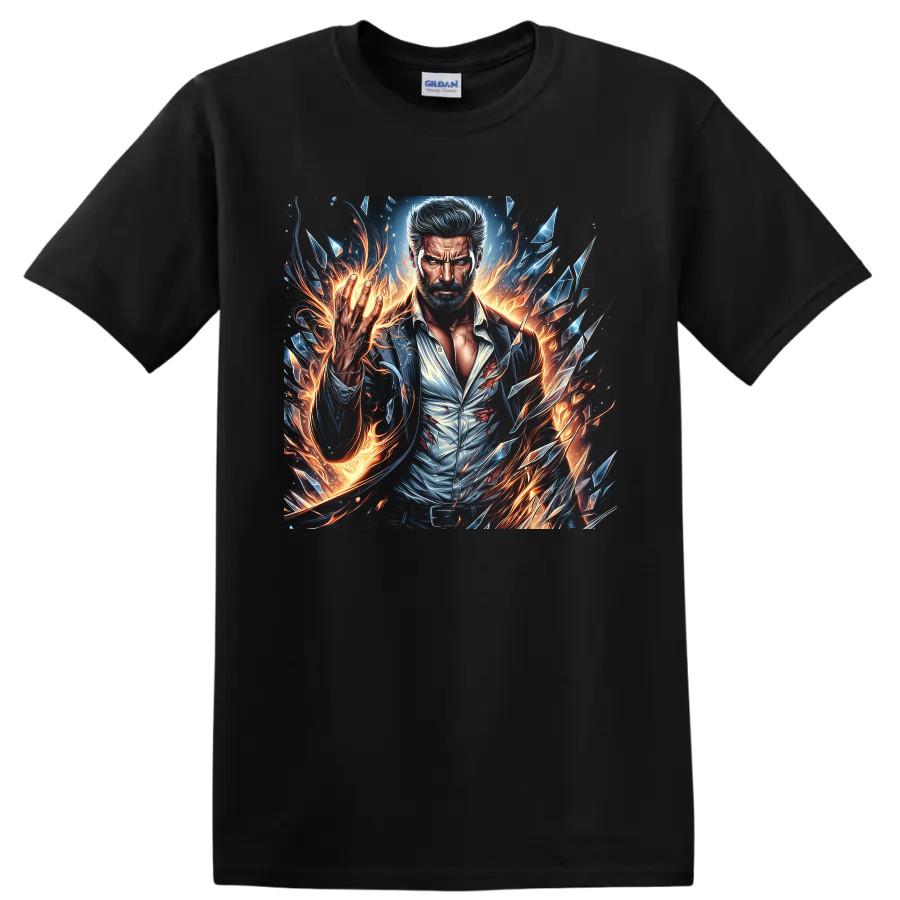 Wolverine Superhero T Shirt w/ Fire Shards Comic Art Graphic Casual Tee Gift