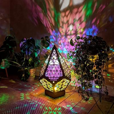 1PC Wooden Bohemian Floor Lamp, USB Charging Hollow Geometric Lantern, Retro Bohemian Lamp, LED Colored Diamond Lamp