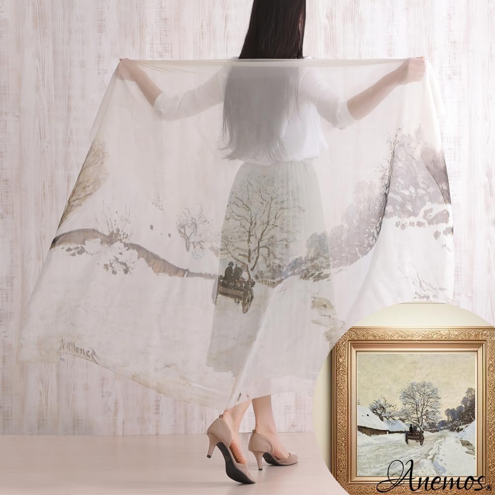 Silk Impressionist Claude Monet Snowy Road At Honfleur Chiffon Silk Large Masterpiece Stole Gift [Anemos] 100%