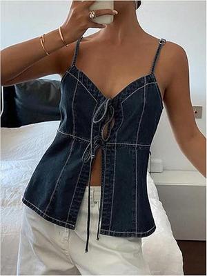 Sexy Mouwloos Denim Camisole Vest met Strik