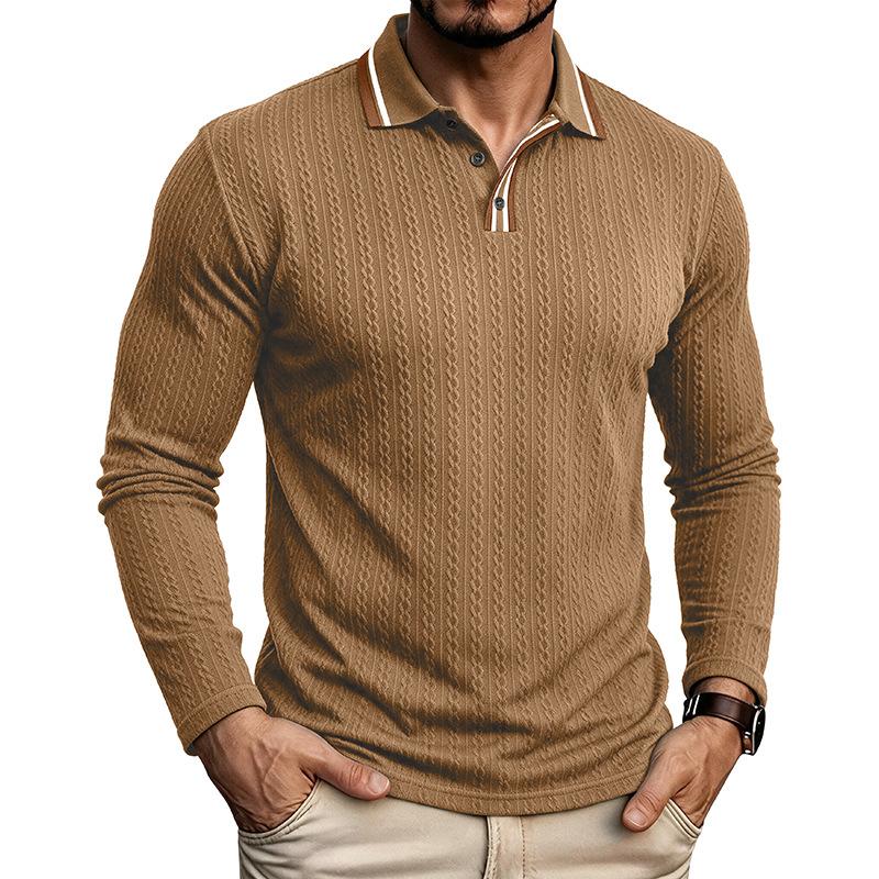 Men S Long Sleeve Polo Shirt Vintage Jacquard Solid Color Casual Top