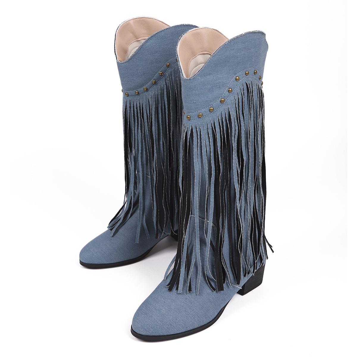 

Independent Station Foreign Trade Women s Boots 2025 Autumn and Winter New Tassel Fashion Boots Sexy Retro Western Boots Large Size 43 43 синій