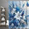 Blauer floraler Vogel Duschvorhang, Dekorativer Duschvorhang für Badezimmer, Wasserdichter Duschvorhang mit Haken