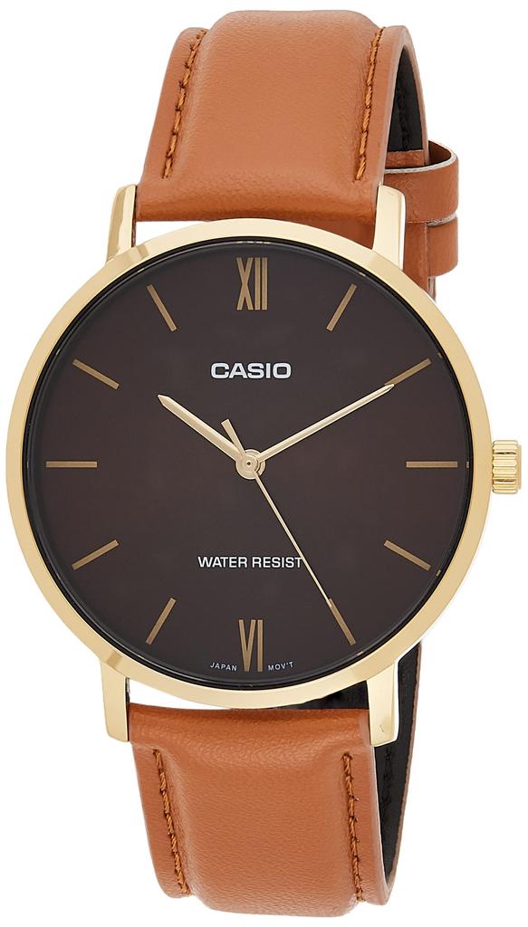 Casio Minimalist Brown Leather Band Burgundy Dial Analog One Analog Quartz MTP-VT01GL-5B Men's Gold-Tone Three-Hand Watch, Blue, Size, Watch,