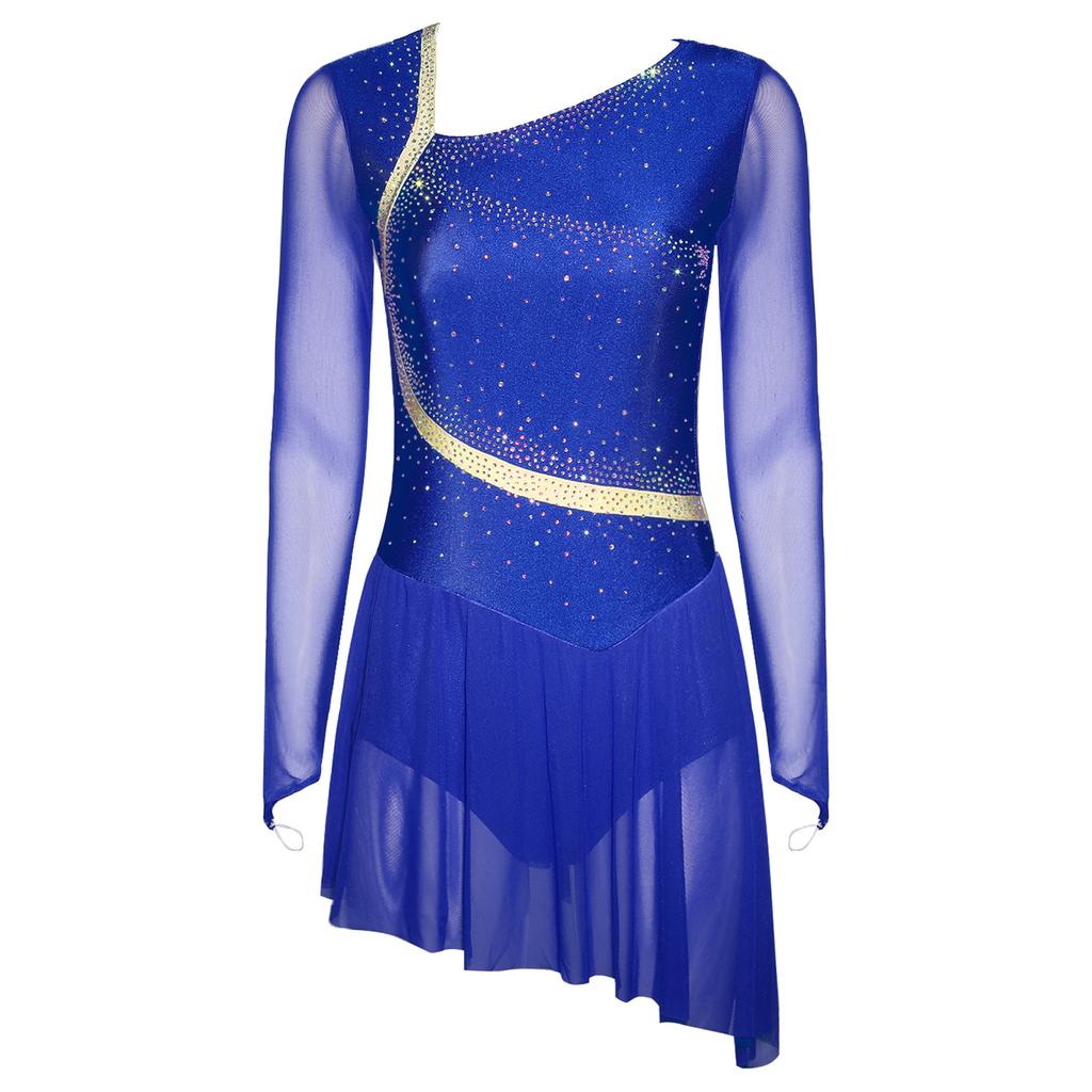 Women's Performance Dancewear - Sheer Mesh Long Sleeve Backless Dress with Rhinestones for Lyrical & Skating