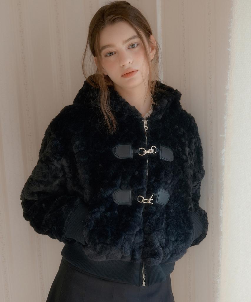 Letter From Moon Twin Buckle Hooded Fur Jacket (Black)