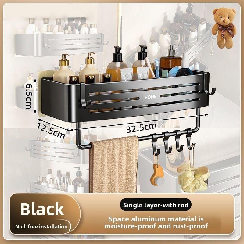 Aluminum Bathroom Storage Rack With Hooks For Shower And Toilet Organizer
