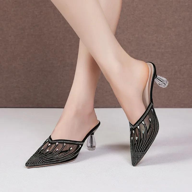 Fashion 2024 Summer New Mesh Diamond Slippers for Women's Fashion Outwear Pointed Crystal Heel High Heel Slippers