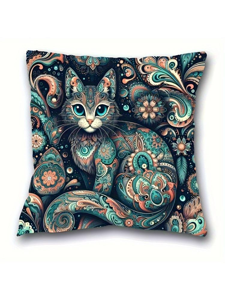 1Pc Bohemian Paisley Cat Throw Pillow Cover, 2D Double-Sided Print Soft Polyester Cushion Case For Home Sofa Bedroom Car Decor