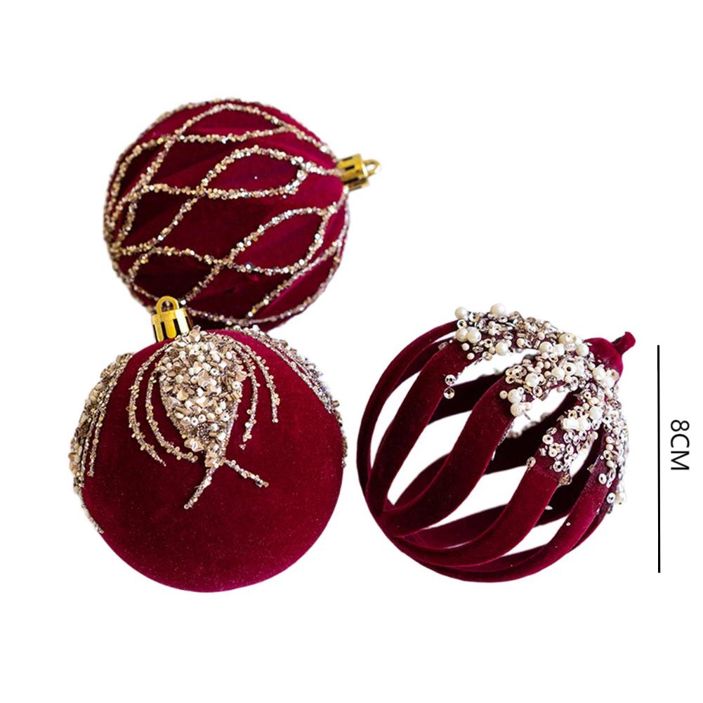 3pcs 8cm Wine Red Flocked Christmas Ornaments Christmas Tree Decorations Plastic Christmas Ball Festive Party Supplies For Home